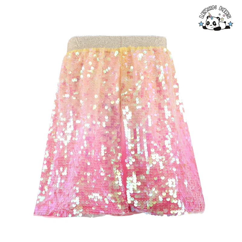 LEZONKIDS - Saia rosa plissada de verão personalizável OEM com lantejoulas brilhantes Saia curta fofa para meninas de 2 a 14 anos